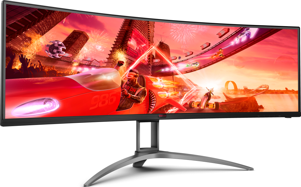 ������� AOC 48.8", VA, UltraWide, 5120�1440, ���������, 4 ��, 165 ��, AMD FreeSync Premium Pro, nVidia G-Sync Compatible, 400 ��/�2, 178�/178�, 3xHDMI, DisplayPort, USB Type-C, ��������, ������