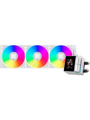������� ���������� PCCooler DS360 ARGB Display WH (310W, 360mm, LED, White, ARGB/ Fans: 3x120mm, 90.56CFM, 39.8dBA, 2500RPM/ Pump height 65mm, 15dBA, 2600RPM, Rad thickness 27mm/ S: 1851, 1700, 1200, 115X, AM5, AM4)