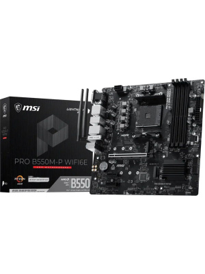 ����������� ����� MSI PRO B550M-P WIFI6E B550, AM4, 4*DDR4, 1*PCIEx16, 2*PCIEx1, 2*M.2, 1*TypeC, 6*USB3.2Gen1, 6*USB2.0, 4*SATA3.0, 1G, VGA, DP, HDMI, ATX, RTL