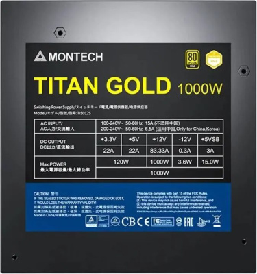 ���� ������� Montech TITAN PLA 1000W / ATX 3.1, APFC, 80 PLUS Platinum, Japan caps, 135mm fan, full modular / TIX0125