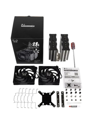 ����� ��� ���������� Scythe Magoroku (280W, 4-pin PWM, 155mm, Al/Cu, 6x6mm, 2x120mm, 60.29CFM, 26.88dBA, 2000RPM, S: 1851/1700/1200/115X, AM5/AM4, silver, black)