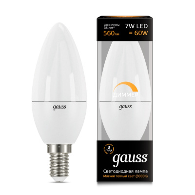   Gauss LED Candle-dim E14 7W 3000  1/10/100