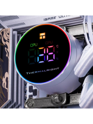 ������� ����������� ���������� Thermalright Frozen Magic 360 Digital V2 (360mm, LED temp., White, ARGB/ Fans: 3x120mm, 68.9CFM, 28.2dBA, 2000RPM/ Pump height 54.4mm, Rad thickness 27mm/ S: 1700, 1200, 1851, 115X, AM5, AM4)
