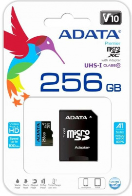 ����� ������ 256Gb MicroSD ADATA Premier Class 10 UHS-I + ������� (AUSDX256GUICL10A1-RA1)