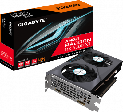 ���������� AMD Radeon RX 6500 XT Gigabyte 4Gb PCI-E 4.0, ���� - 2610 ���, Boost - 2815 ���, ������ - 4 �� GDDR6 18000 ���, 64 ���, HDMI, DisplayPort, Retail GV-R65XTEAGLE-4GD