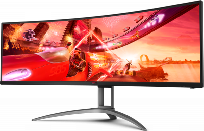 ������� AOC 48.8", VA, UltraWide, 5120�1440, ���������, 4 ��, 165 ��, AMD FreeSync Premium Pro, nVidia G-Sync Compatible, 400 ��/�2, 178�/178�, 3xHDMI, DisplayPort, USB Type-C, ��������, ������
