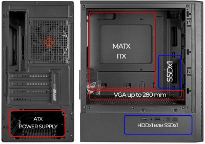 ������ Ginzzu CL402 Black, mATX, Mini-Tower, ��� ��, � �����, USB 2.0, USB 3.0